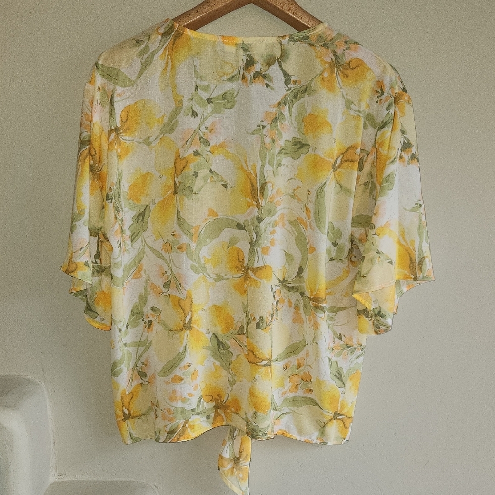 C By One, Floral Yellow and Green, Tie Front 3/4 Sleeve Blouse. SKU C05 - Picture 2 of 9